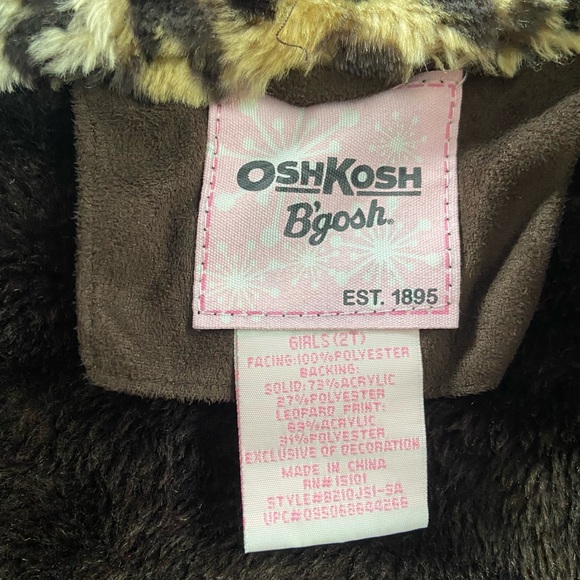 OshKosh B’gosh Girls Winter Coat Brown Leopard Trim Faux Suede Hooded Jacket - Picture 3 of 5